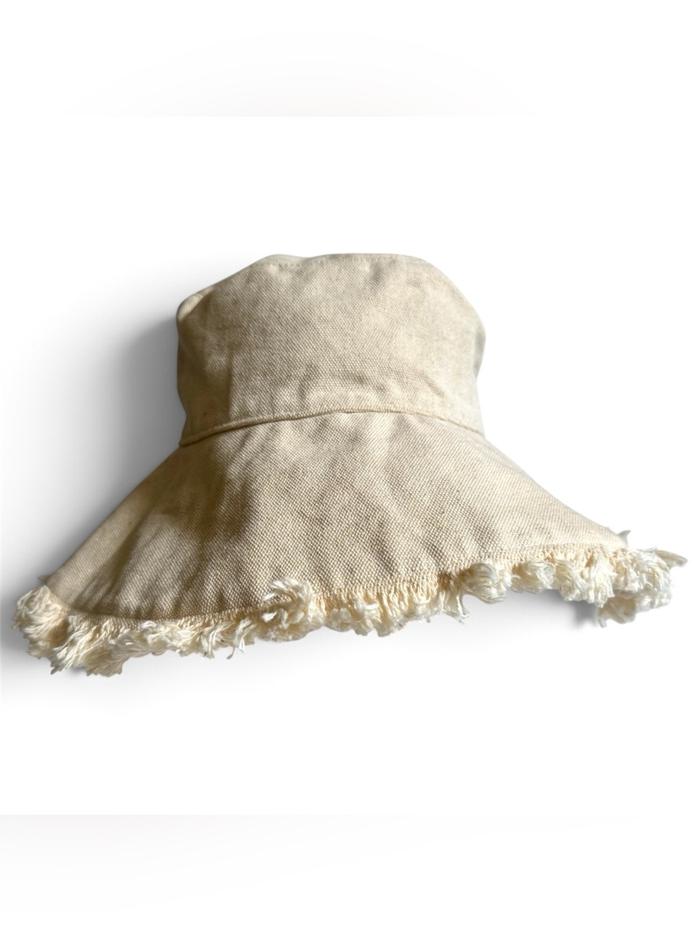 Anthropologie Cream Canvas Fringe Bucket Sun Wide Brim Hat OS Coastal Boho Beach